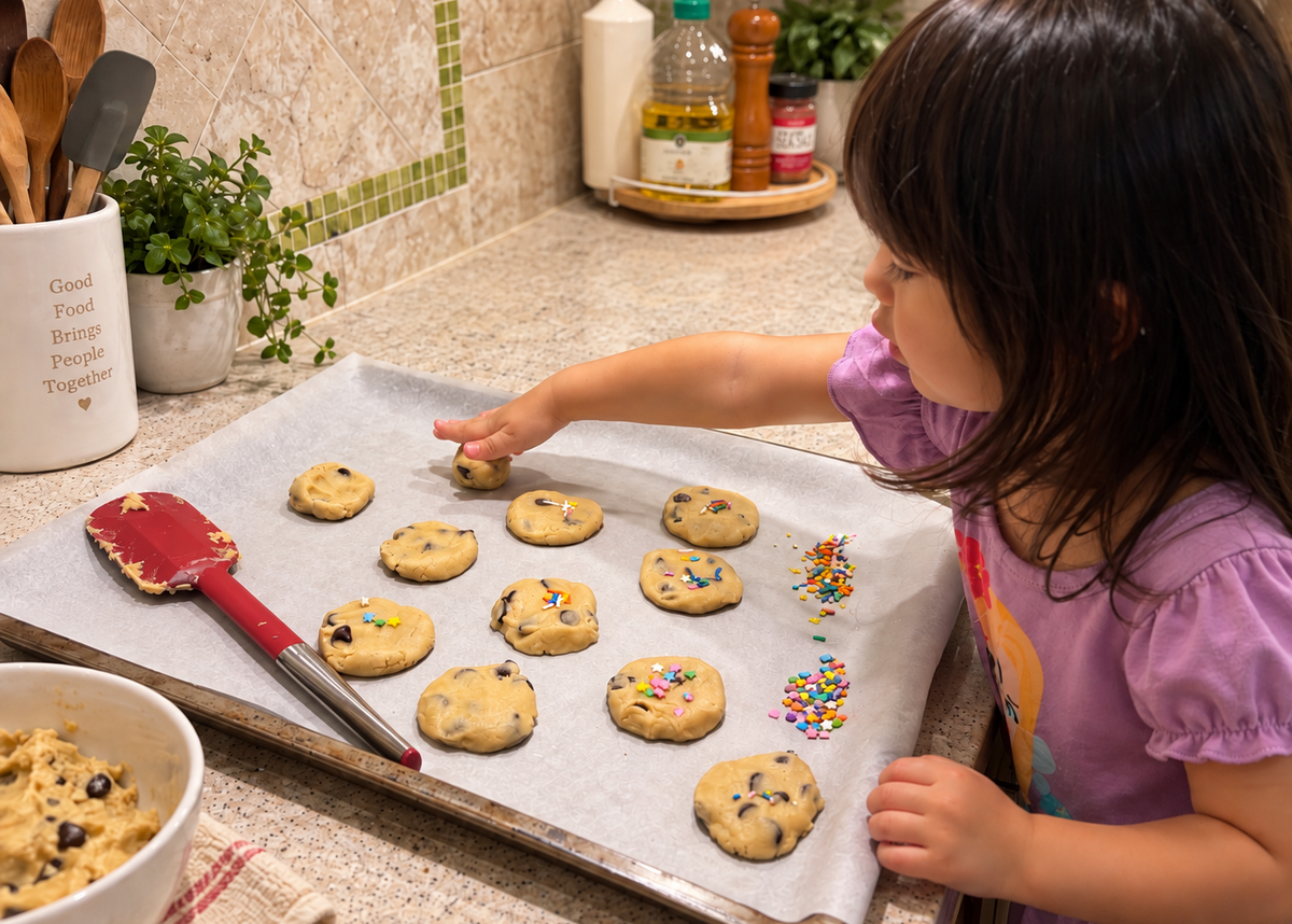 a girl making chocolate chip cookies